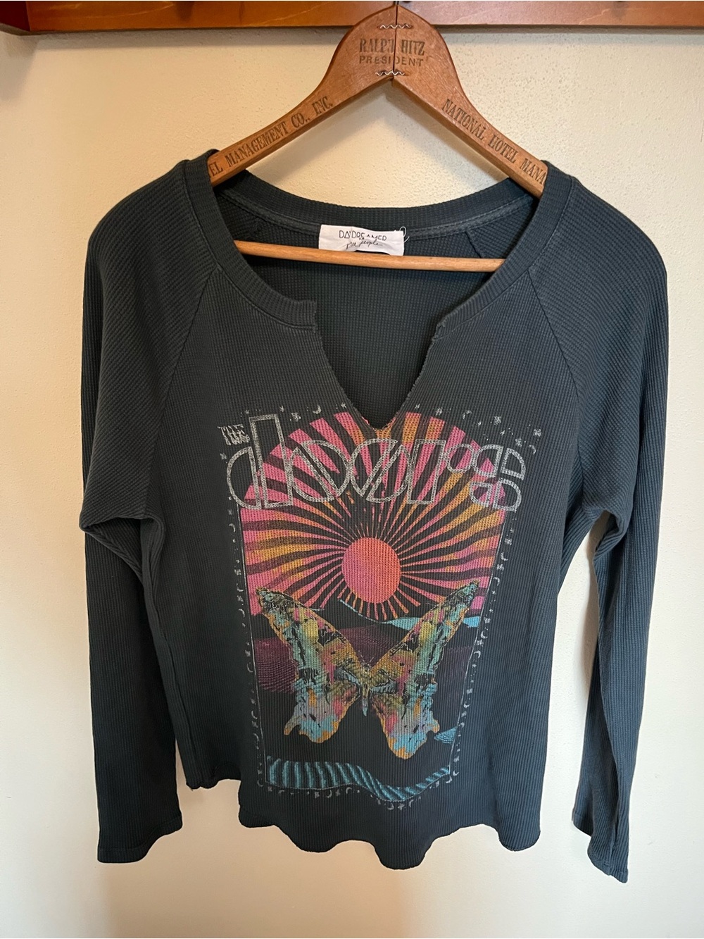 Daydreamer x Free People the Doors Waffle Charcoal Graphic Notch-Neck Top - Picture 2 of 5